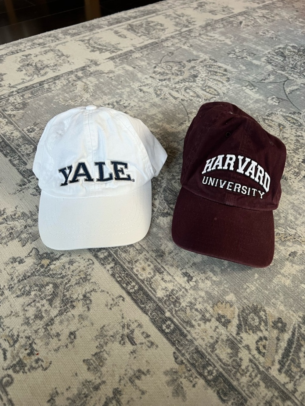 Yale and Harvard baseball hats